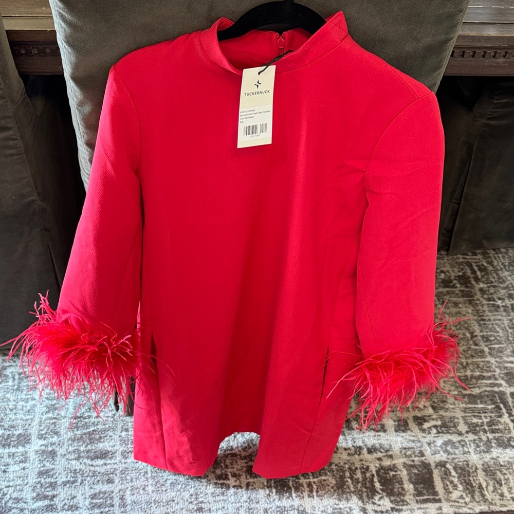 Tuckernuck Red Mini Dress with Feathered Cuffs